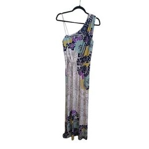 LONDON TIMES One Shoulder Maxi Dress Floral Print Multi Blue Purple Grey Size 10